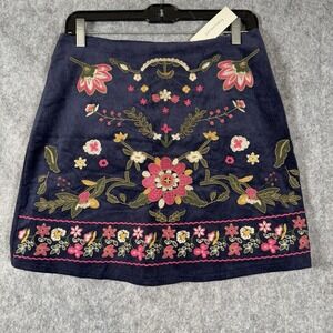 Harper Heritage Corduroy Floral Fauna Embroidered Mini Skirt Womens Medium Navy